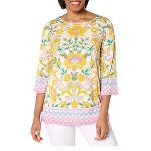 Belle Boho by Kim Gravel Women's Flower Border Boatneck Top Lilac - Regular